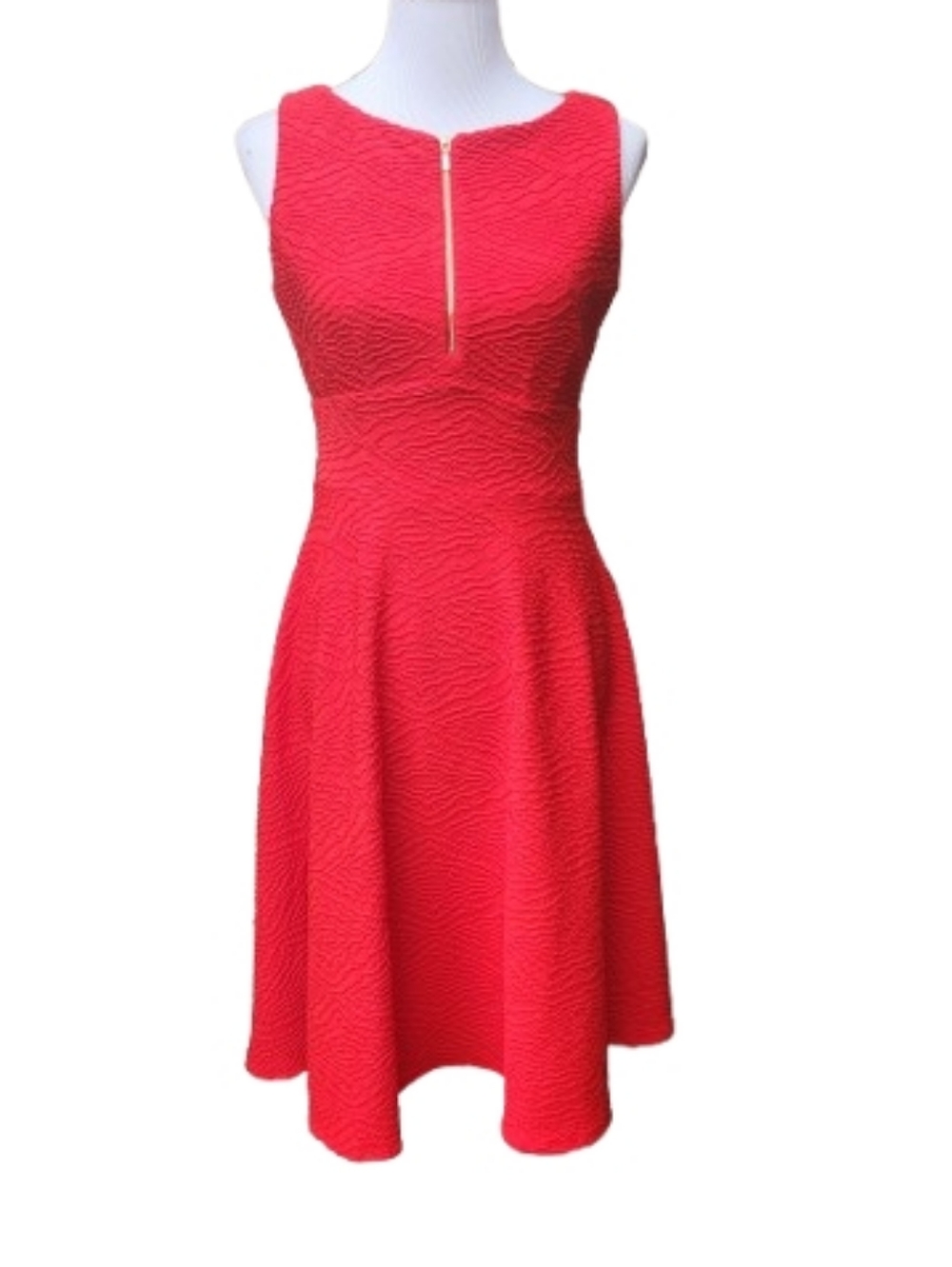 Calvin Klein Red Textured Fit & Flare Dress Sleeveless Solid Exposed Zipper